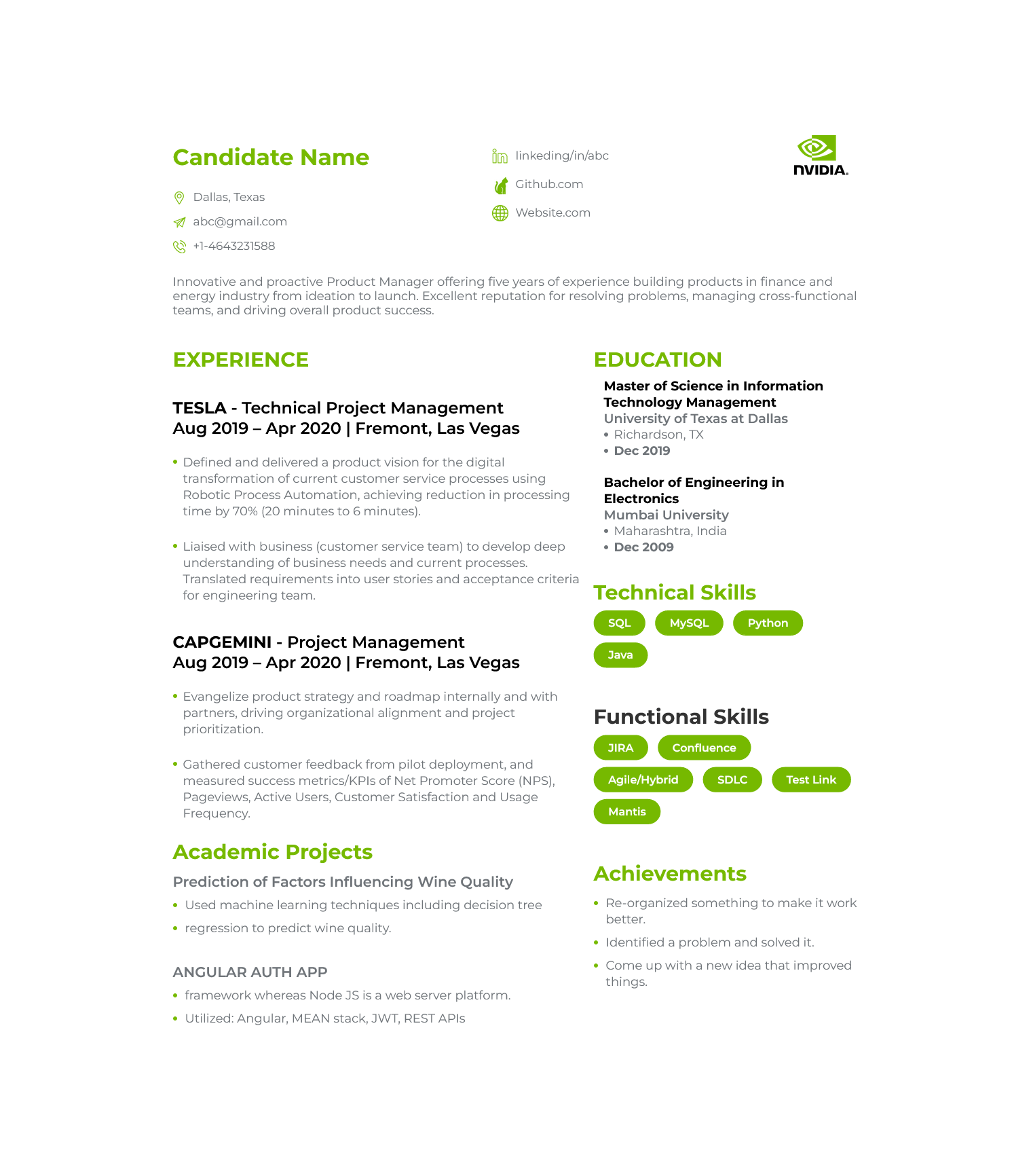 Nvidia Resume Template