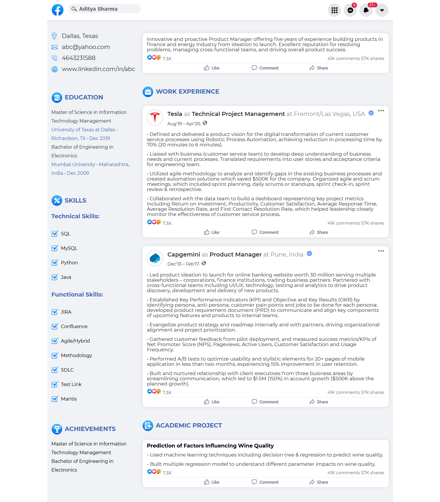 HiCounselor Facebook Resume Template