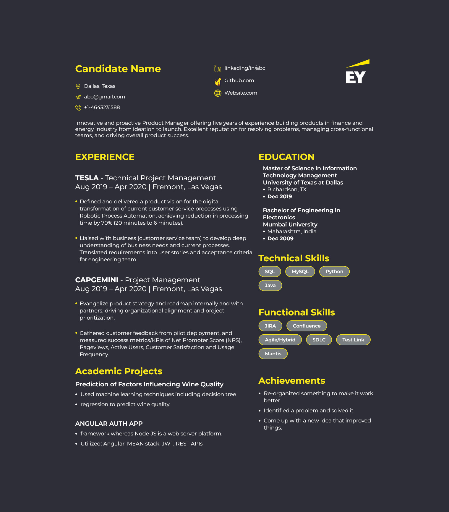HiCounselor Ey Dark Version Resume Template