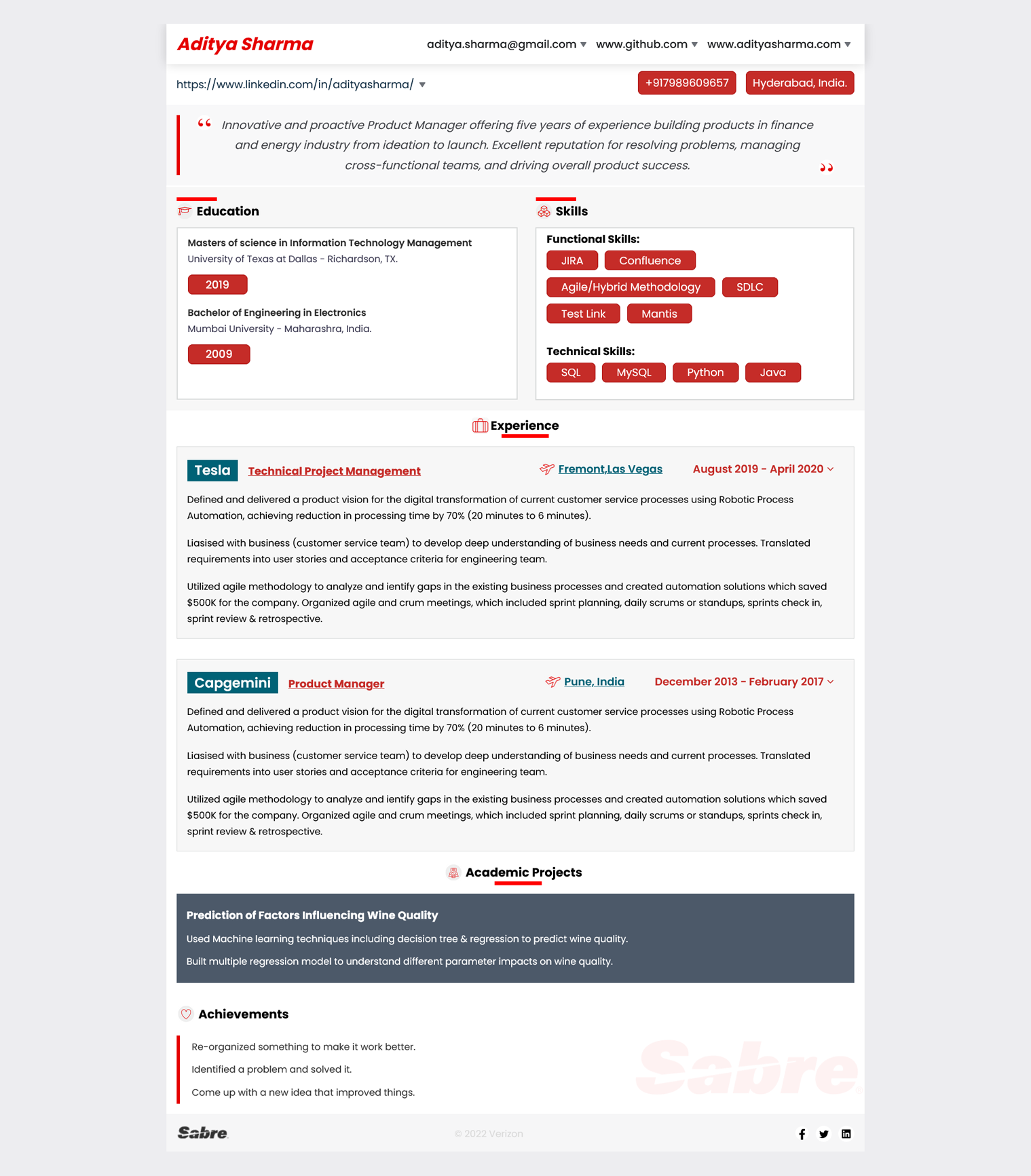 Sabre Resume Template