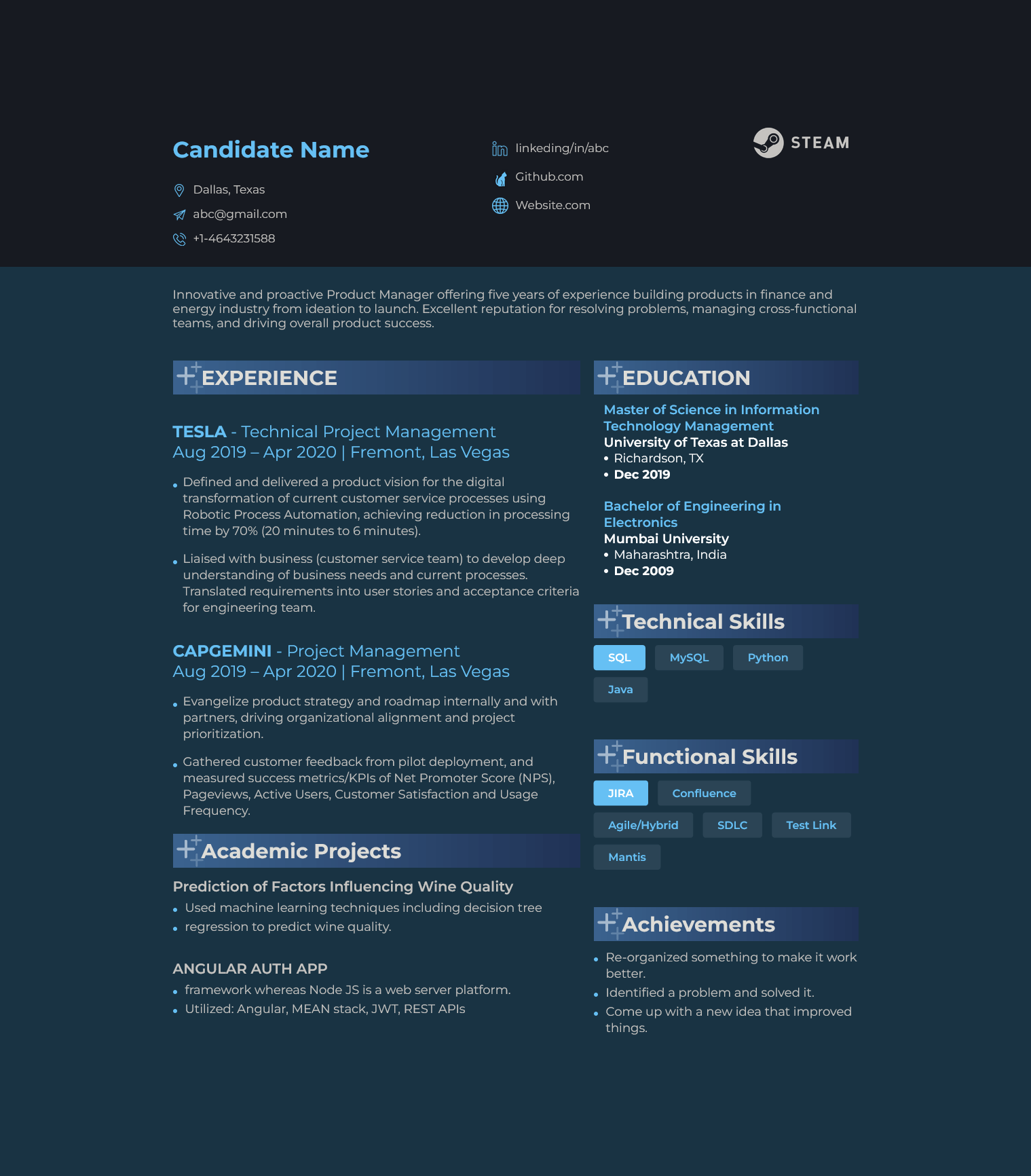 HiCounselor Steam Resume Template